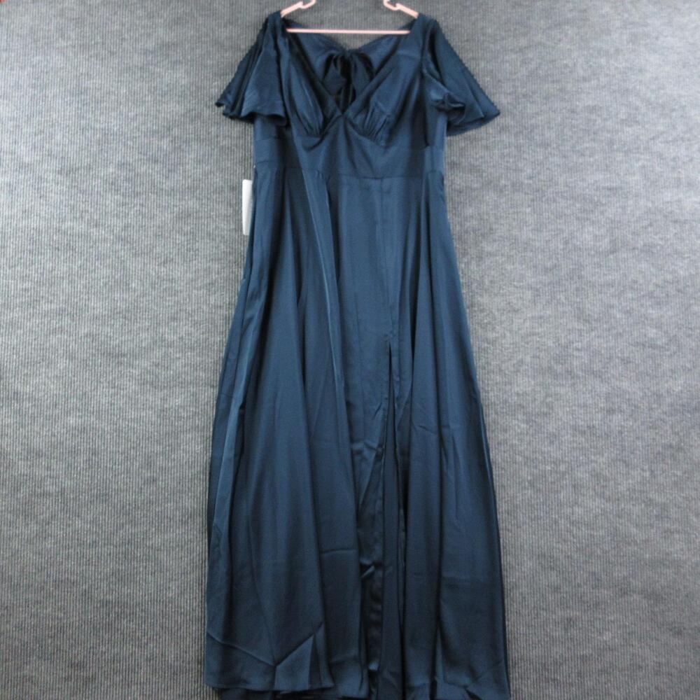 Azazie Dress Womens 20 Blue Fit & Flare Maxi V-Neck Flutter Sleeve Lined NWT